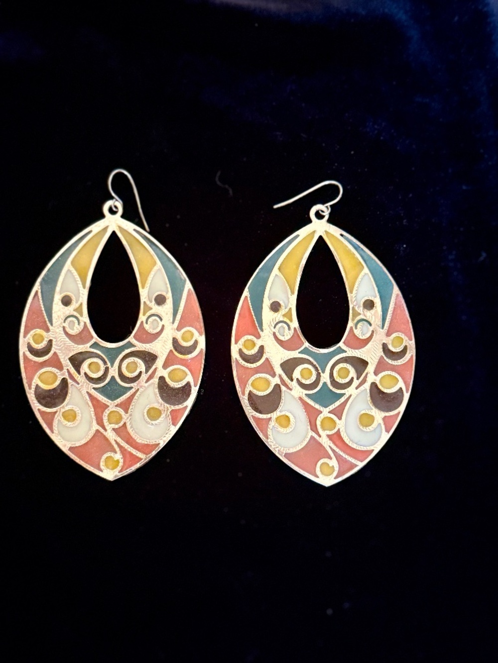 Vintage Plique-a-Jour Style Enamel Statement Drop Earrings Boho 70s